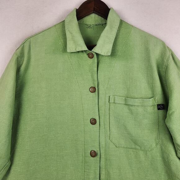 AS Ramie Blend Shacket Women’s SZ  Large Kelly Green Button Up Pointed Collar - Picture 3 of 16